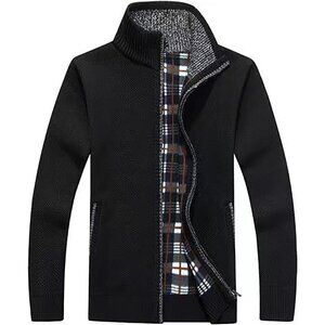 Men's Black Casual Slim Full Zip Knitted Polyester Cardigan Sweater with Pocked
